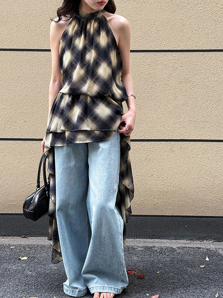Asymmetrisches Khaki Plaid Neck Sleeveless Top High-Low Uniaue Halter 
