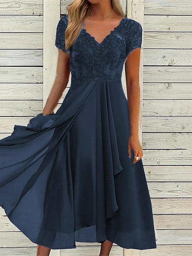 Women's Midi Dress V-neck Lace Detail Short Sleeve Chiffon