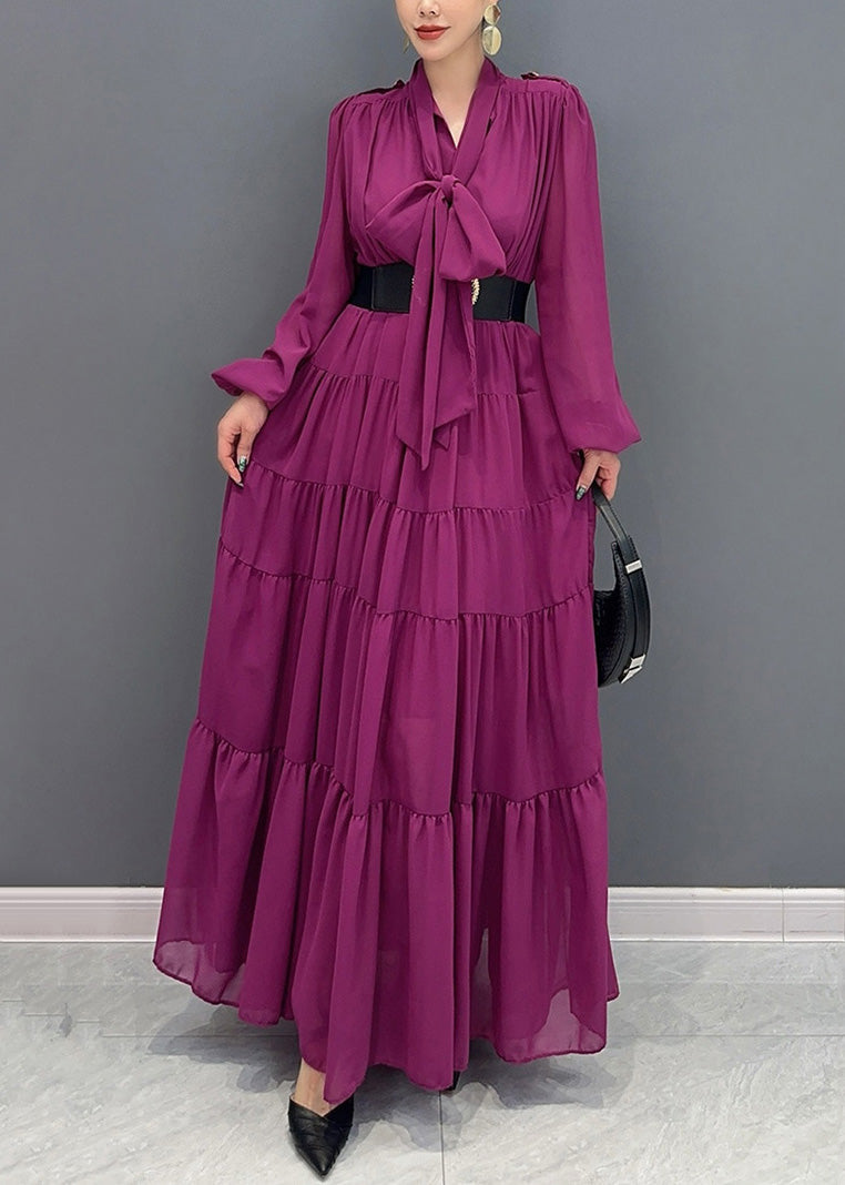 Chic Purple V Neck Patchwork Party Chiffon Long Dress Fall AO1040