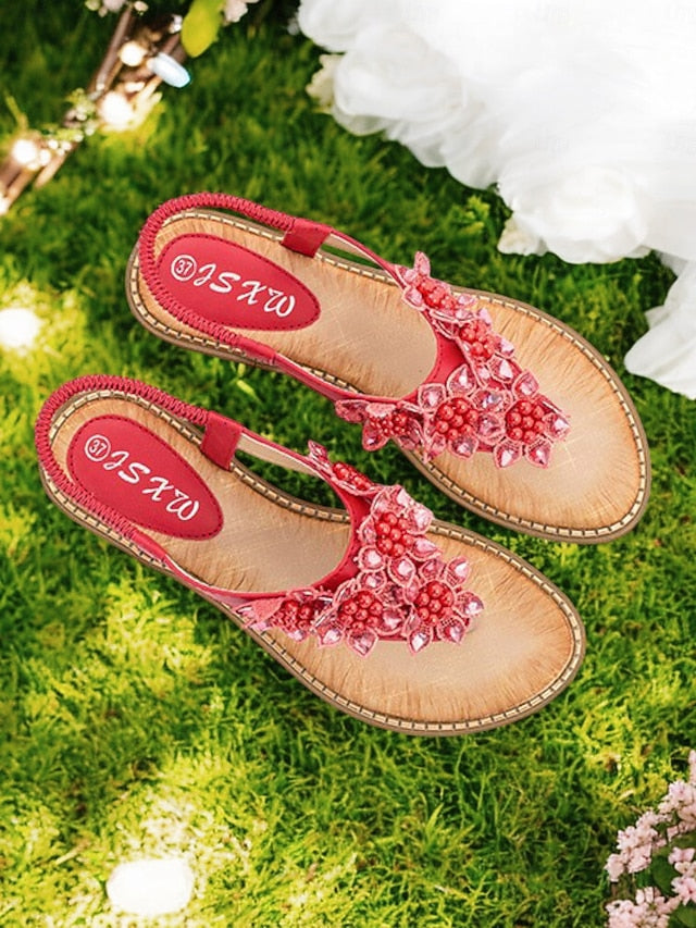 Beaded Comfortable Slip-Ons Floral Design with Flat