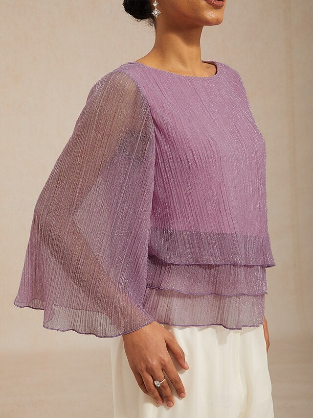 Women's Blouse Chiffon Tops Pleated Layered Metallic