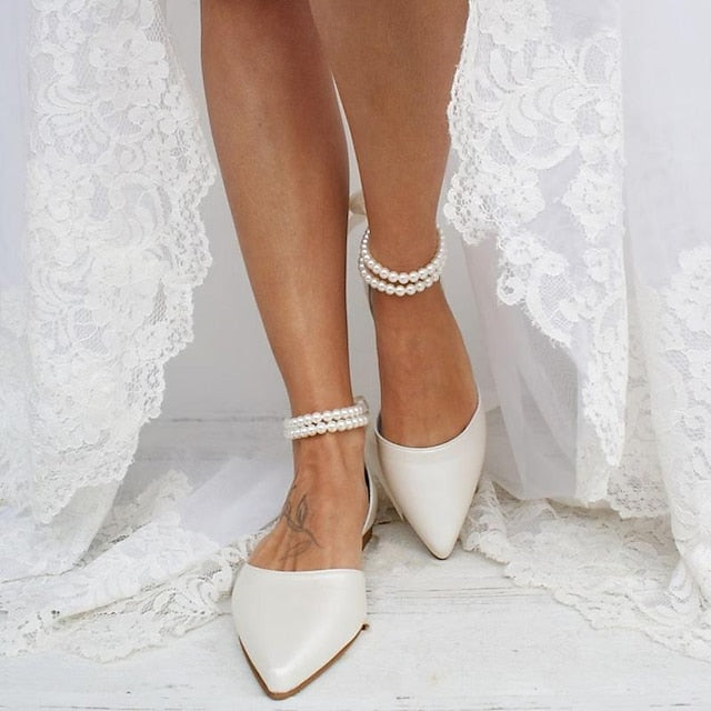 Flats Strap Bridal Pearl – Elegant White Ankle Women's