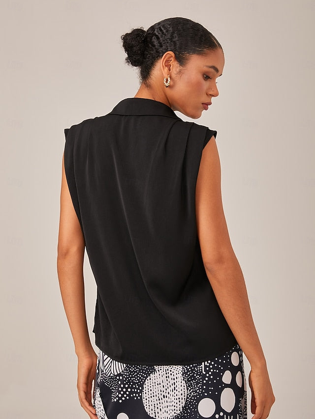 Satin Casual Solid Sleeveless Collared Shirt