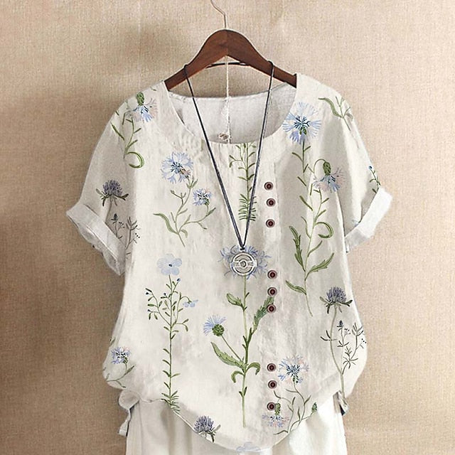 Women's Shirt Blouse Floral Basic Short Sleeve Round Neck