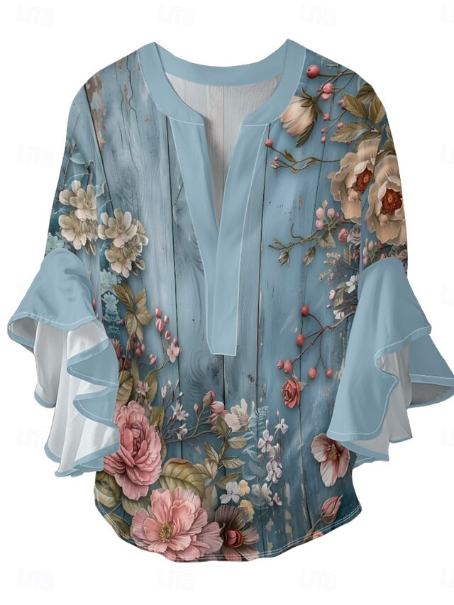 Women's Blouse Ruffle Print Floral Stylish Modern 3/4