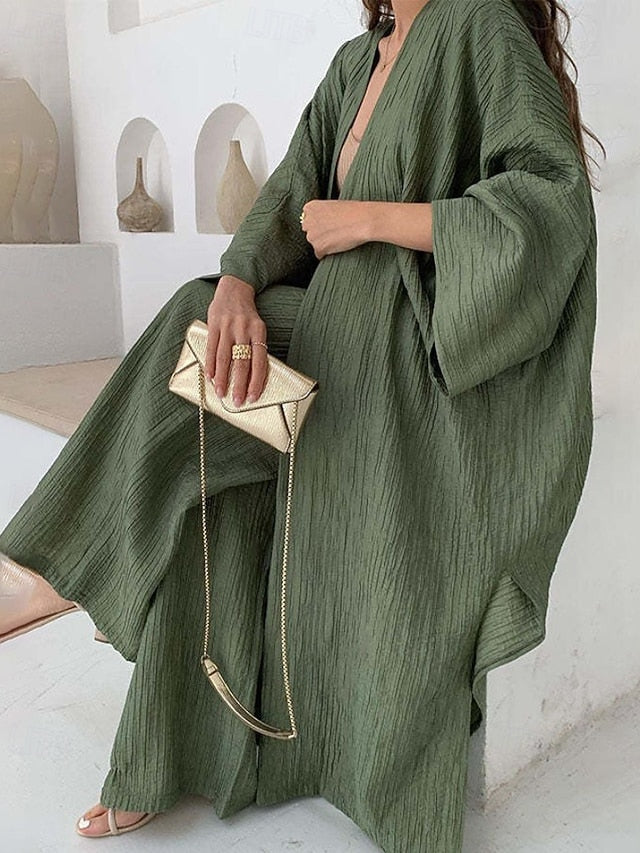 Women's Blouse Pants Sets Long Sleeve V Neck Solid Color