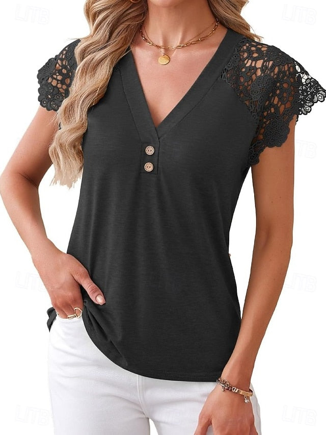 Women's Blouse Lace Tops Lace Patchwork Solid Color Elegant