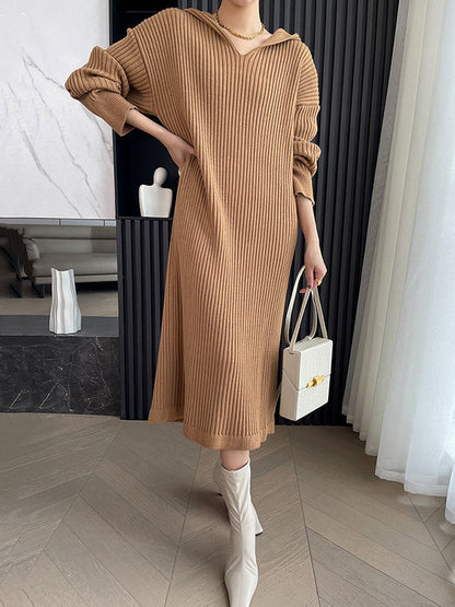 Stylish Apricot V-neck Hooded Long Sleeve Striped Knit Dress AN1044