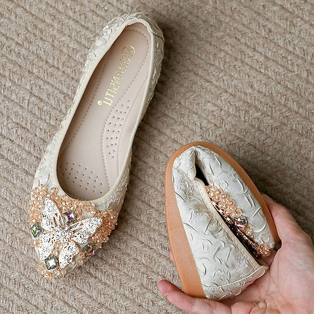 Flats Embellished Wedding Floral Women's - Foldable Crystal