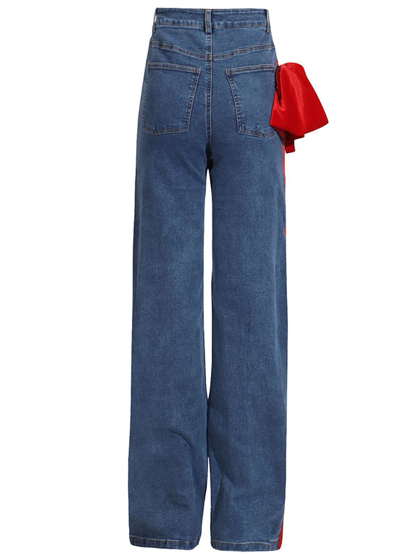 Rote schicke gebundene gerade Jeans mit hoher Taille und Knöpfen 