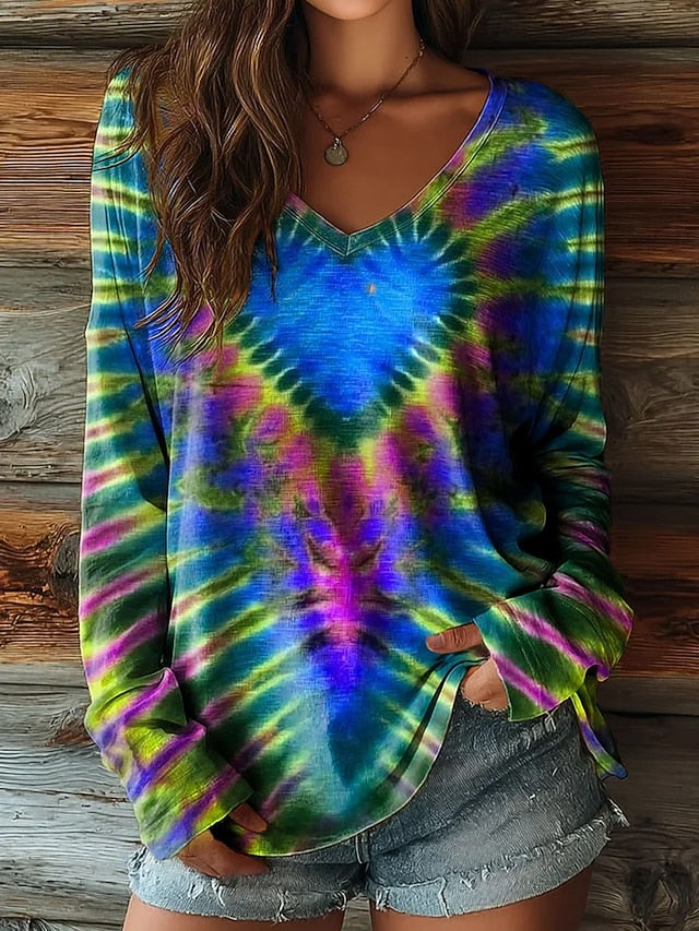 Women's T Shirt Print Heart Graphic Tie Dye Bohemia Vintage