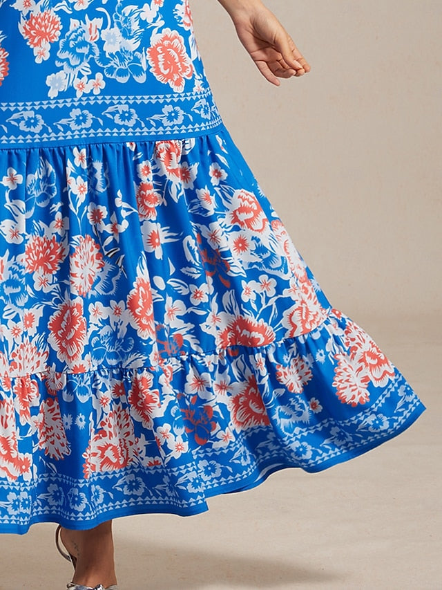 Satin V Neck Sky Blue Tiered Hem Floral Print Vacation Maxi