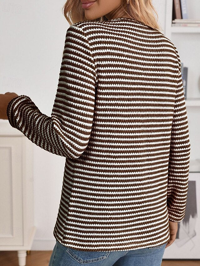 Women's T Shirt Buttons Striped Classic Casual Long Sleeve