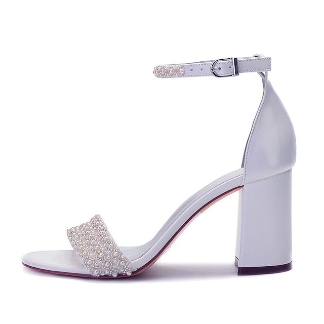 Ankle Block White Ivory Strap Embellished Women's Pearl
