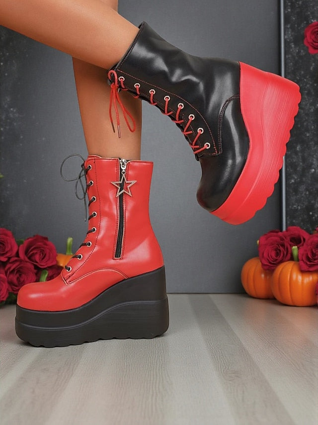 Lace-Up Black Bold Ankle Boots Platform Women's and - Red