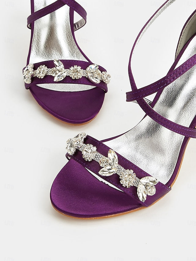 Stiletto Women's Purple Rhinestone Satin Heels Straps with