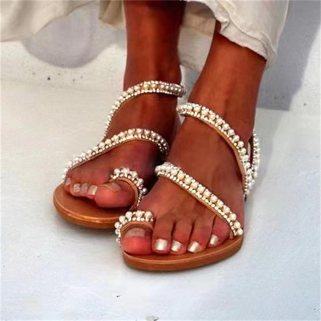 Flat Women's Pearl-Embellished Strappy – Elegant Sandals