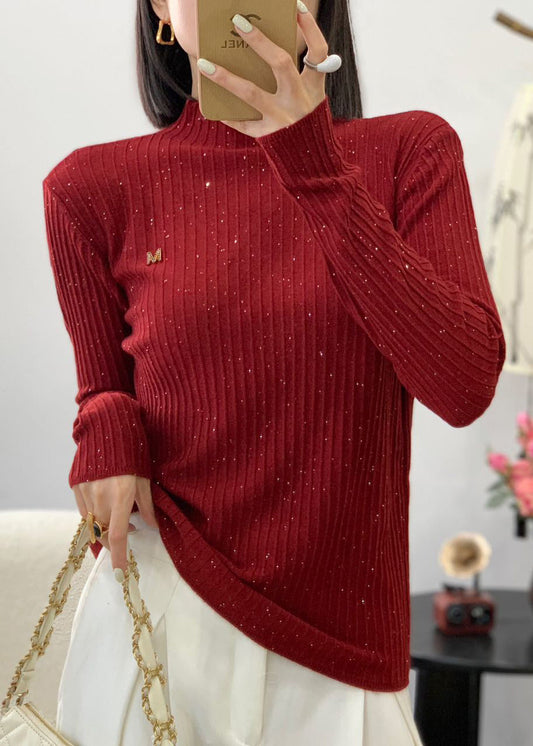 Stylish Red O Neck Sequins Wool Knit Sweater Fall QC026