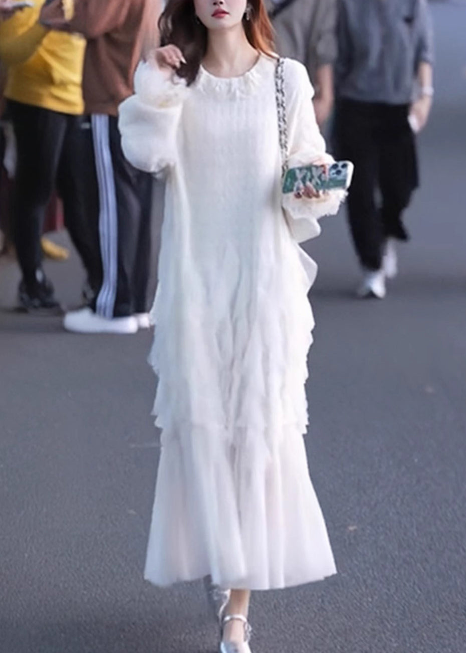 White Maxi Sleeve Solid Tulle Butterfly Dresses Elegant Patchwork