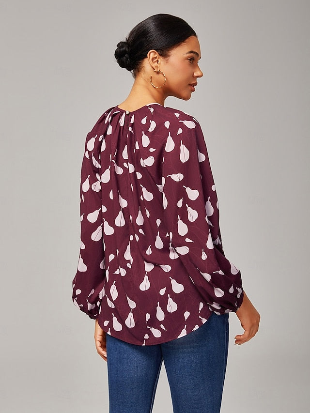 Women's Top Casual Loose Fit Pear Print Long Sleeve Wine