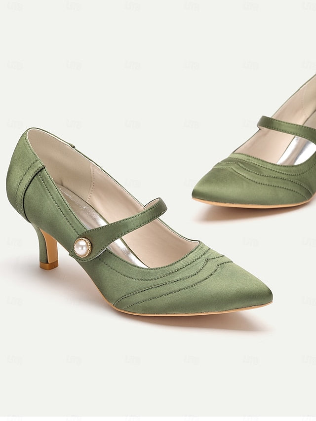 Jane Button Satin - with Heels Pearl Green Mary Elegant