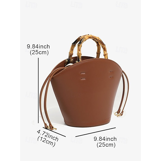 Sac seau en cuir marron avec anse en bambou pour femme