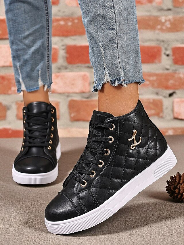 Women's White Quilted High-Top Sneakers, Fashion Lace-Up