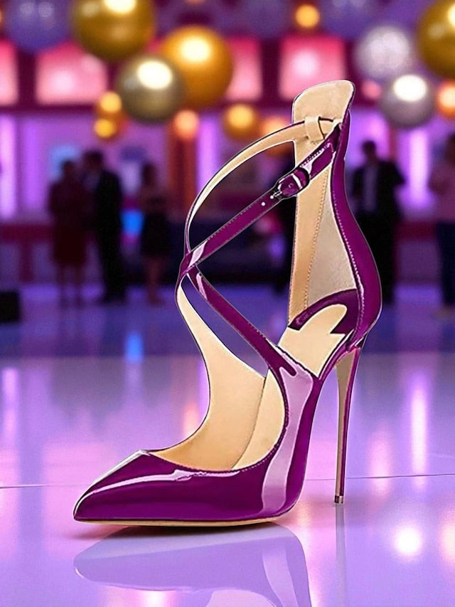 - Stiletto Patent Purple Women's Leather Heels Strappy