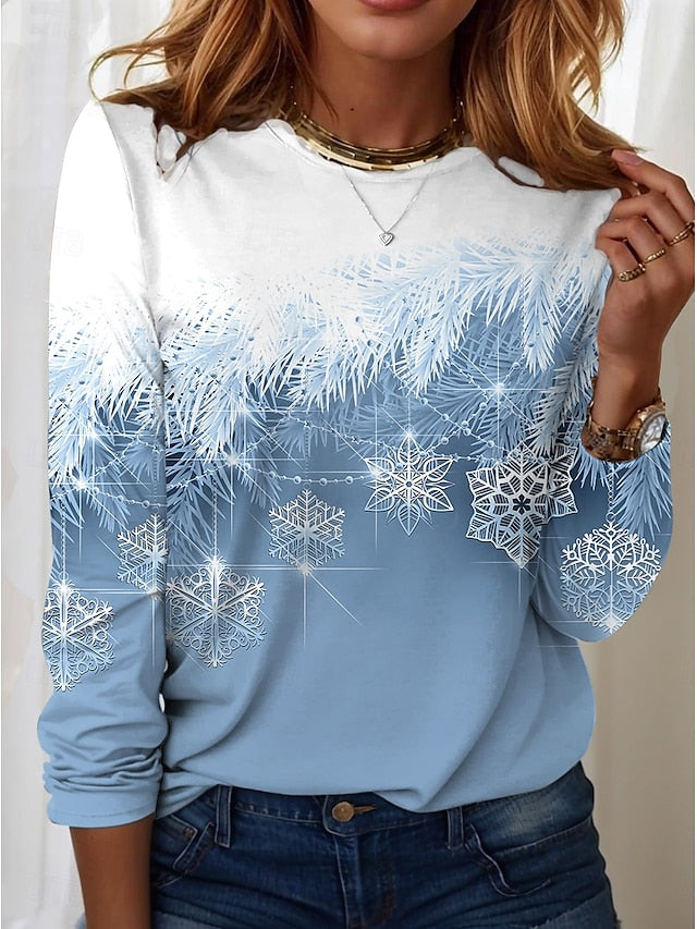 Women's T-Shirt Winter Snowflake Print Blue Gradient Casual