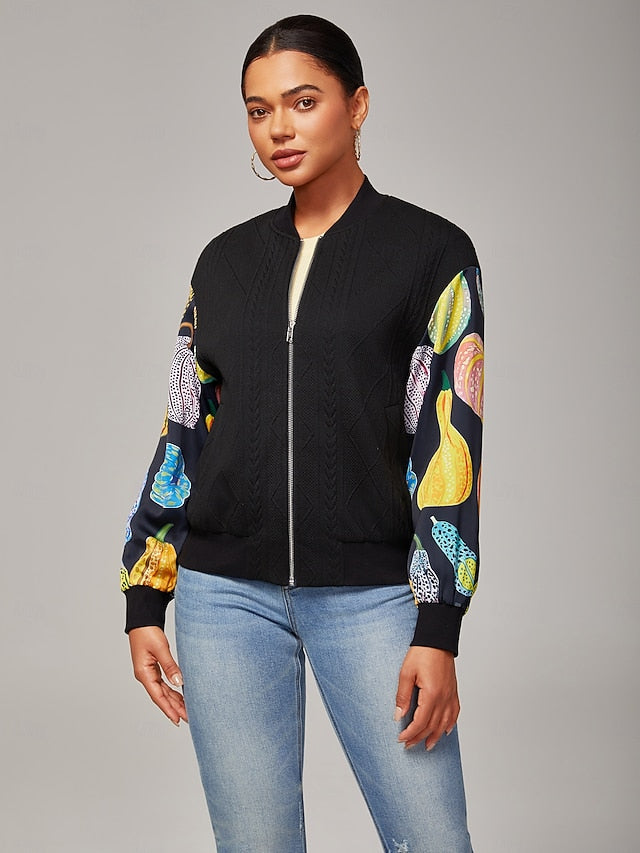 Women's Bomber Jacket Casual Street Patchwork Pumpkin Print