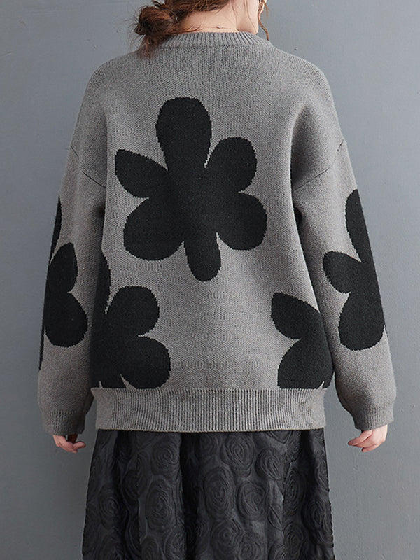 Cute Loose Black Round-Neck Contrast Color Flower Long Sleeve Sweater AN1070