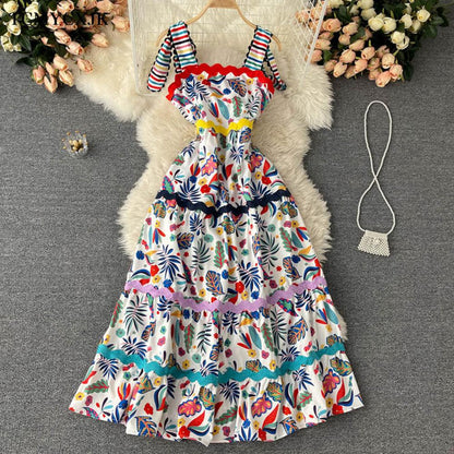 Art white Square Collar Rainbow Striped Floral Print Straps Dress AR1007