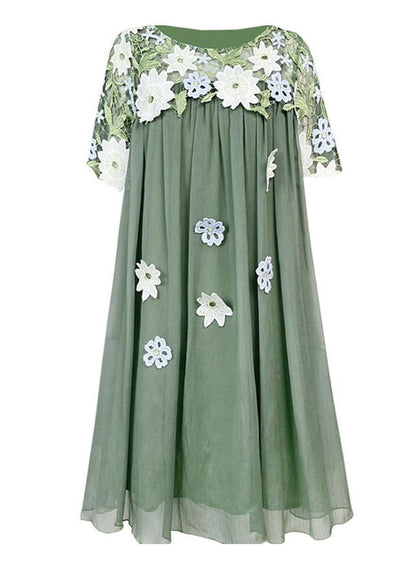 Boho Green O-Neck Embroidered Patchwork Tulle Mid Dresses Short Sleeve AZ1018