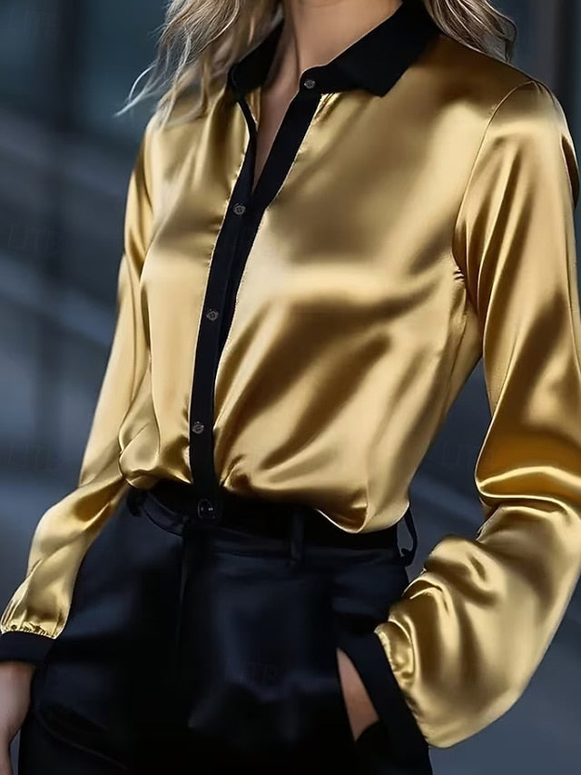 Women's Shirt Elegant Satin Top Blouse Patchwork Buttons