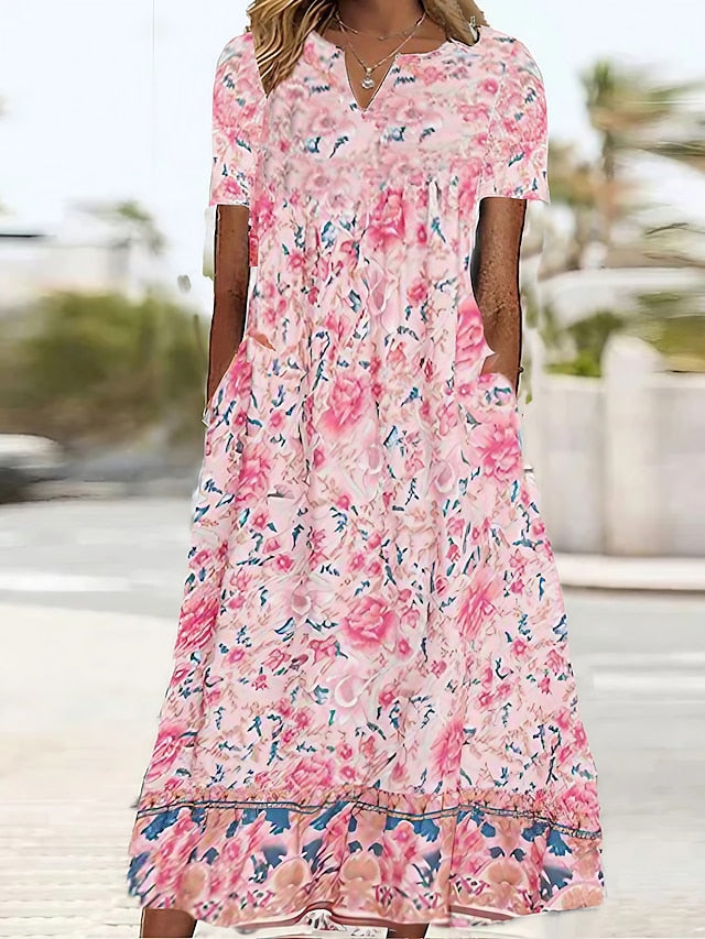 Women's Pink Dress Floral Graphic Print V Neck Midi Dress