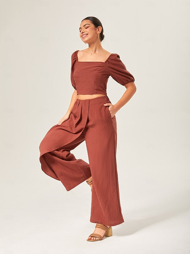 Lyocell-blend Broadcloth Solid Color Loose Long Pants