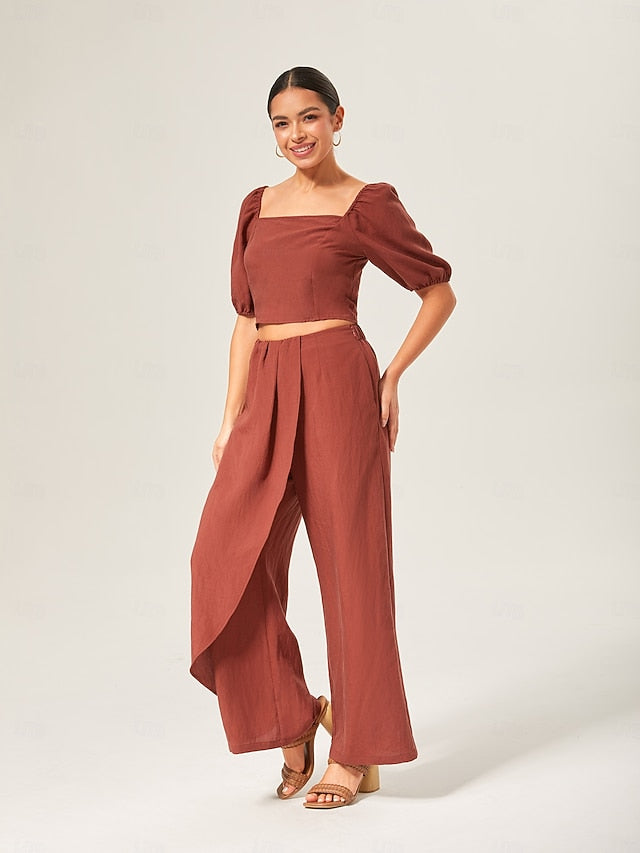 Lyocell-blend Broadcloth Solid Color Loose Long Pants