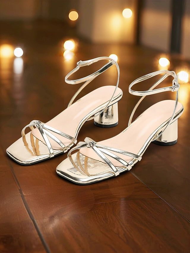 Ankle Gold Strap – Heels Metallic Shiny Block Women's