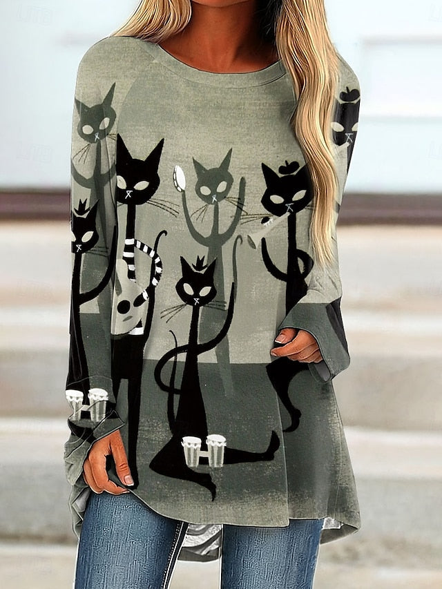 Women's T shirt Black Cat Long Sleeve Graphic Animal
