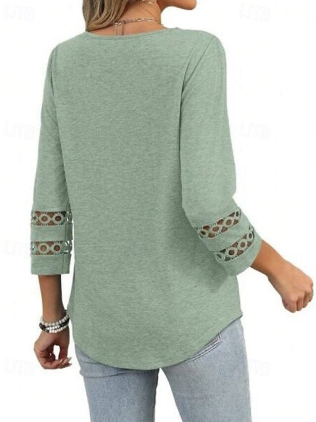 Women's T Shirt Eyelet Plain Casual Long Sleeve V Neck