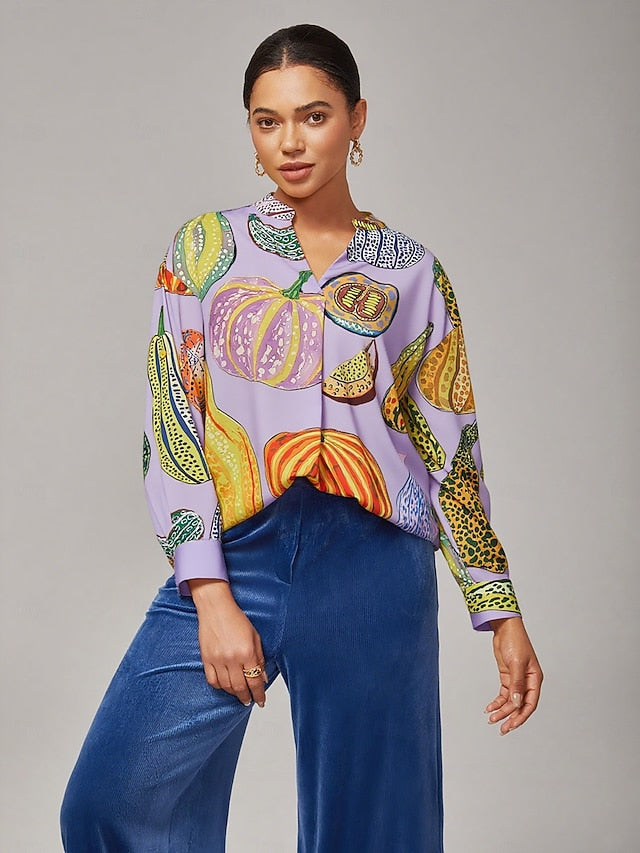 Women's Purple Pumpkin Print Pullover Shirt Loose Fit Drop