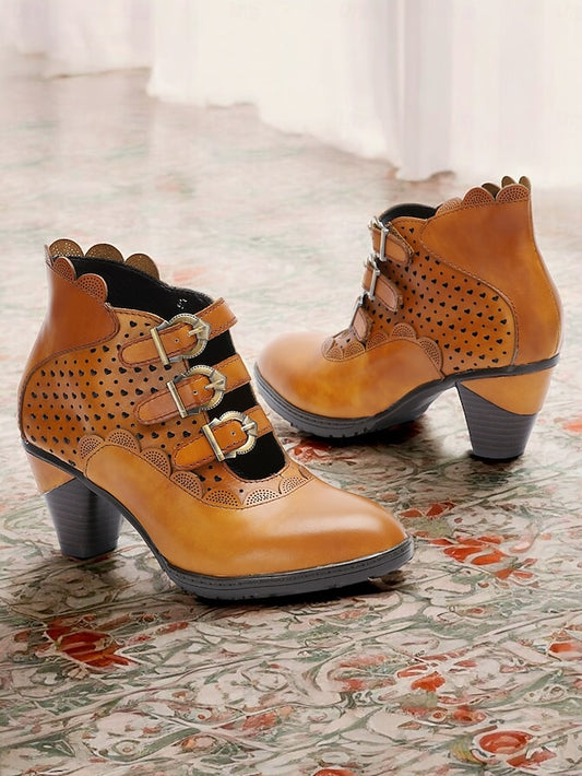 Strap Perforated Boots Brown - Ankle Vintage Women's Buckle