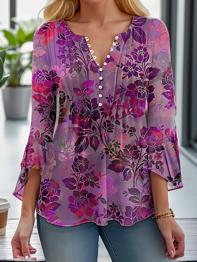 Women's T Shirt Henley Blouse Fashion Floral Buttons Print