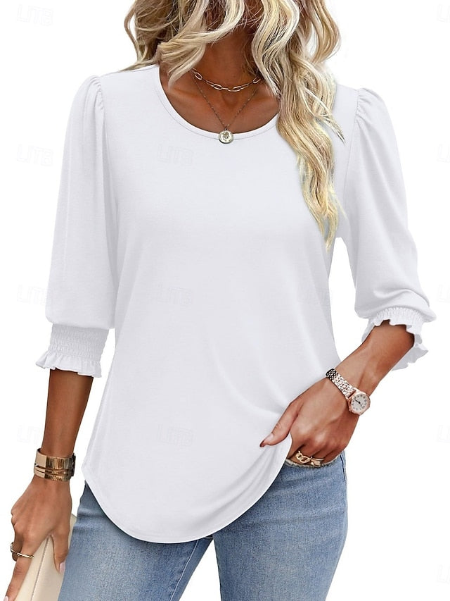 Women's Blouse Solid Color Stylish Casual 3/4 Length Sleeve