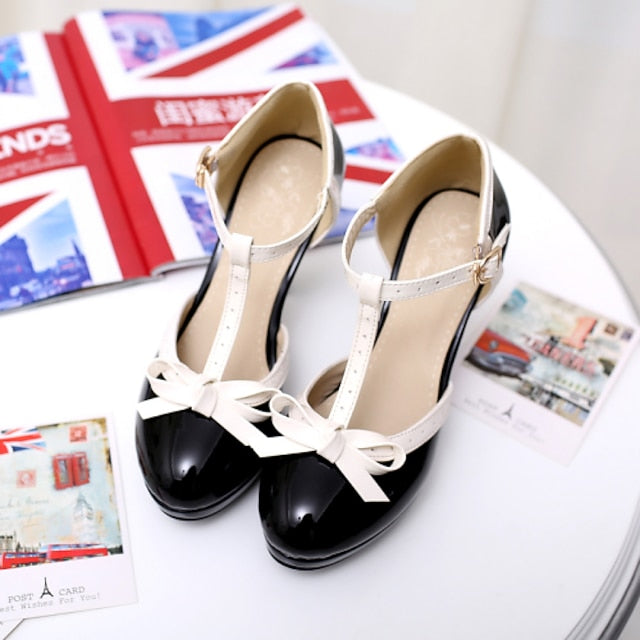 with Leather White Patent T-Strap Women's High Heels Black