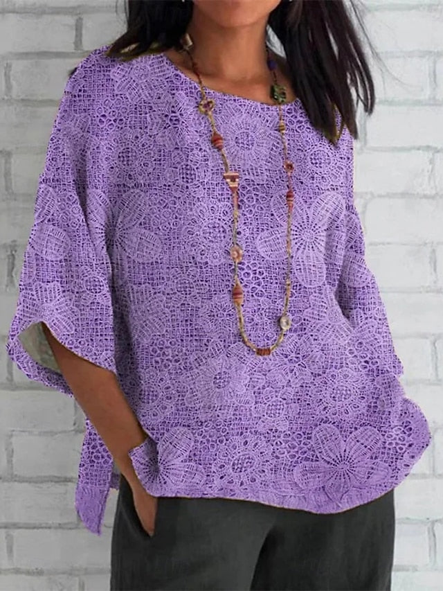 Women's Shirt Floral 3D Daily Casual 3/4 Length Sleeve Crew