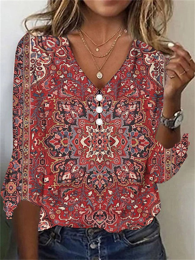 Women's T Shirt Henley Shirt Buttons Print Floral Vintage