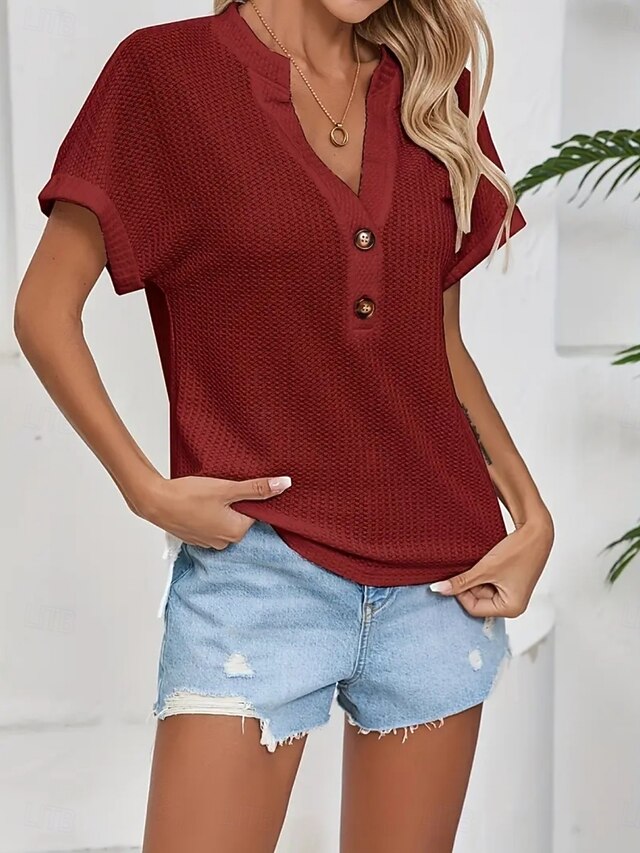 Women's Blouse Buttons Solid Color Stylish Casual Short