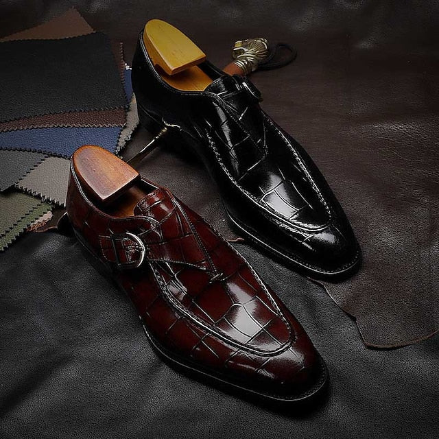 Monk Crocodile Pattern Leather Faux Men's Strap Burgundy