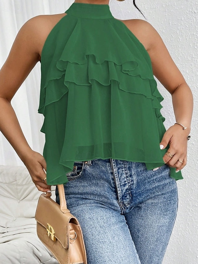 Women's Tank Top Tee Top Ruffle Solid Color Elegant Fashion